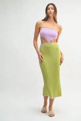 MABLE Ribbed Knit Color Block Cutout Midi Dress Lime OutfitFlow